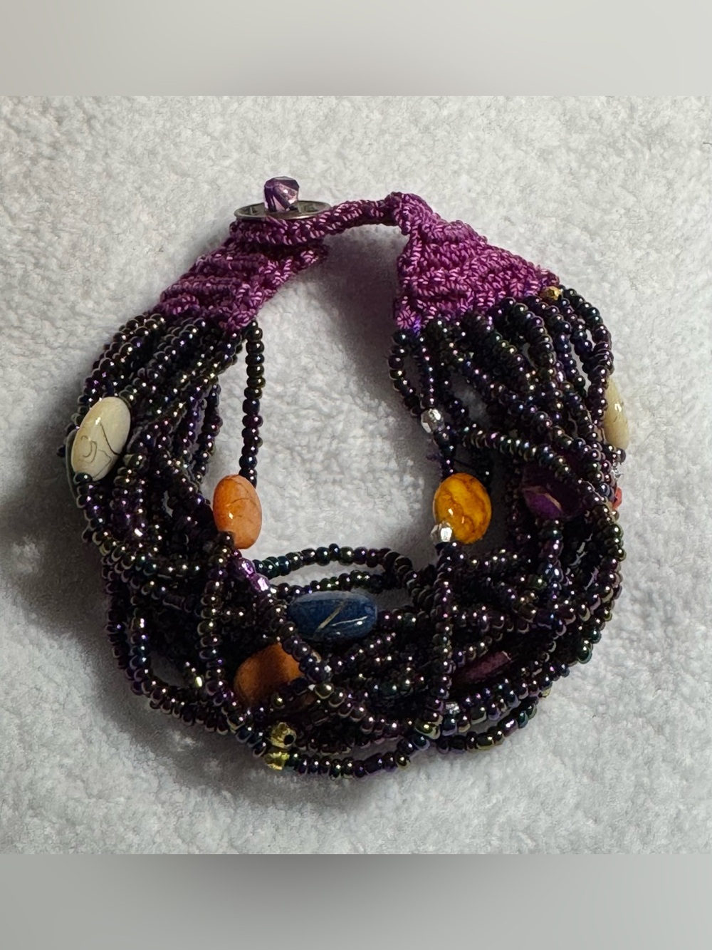 Artisan Purple Iridescent Seed Bead Accent Beads & Crochet Multi-Strand Bracelet